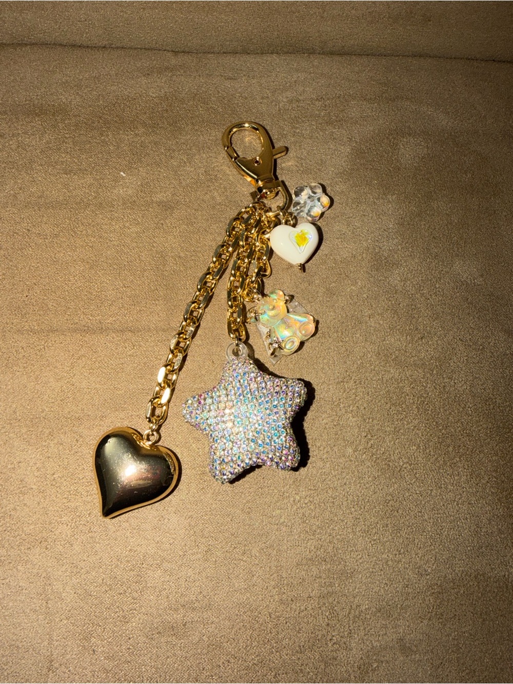Gold Star & Heart Charm Keychain with Iridescent Crystal Star